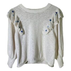 Something Navy | Cream & Embroidered Blue Flower Ruffle Crewneck Sweater Size M
